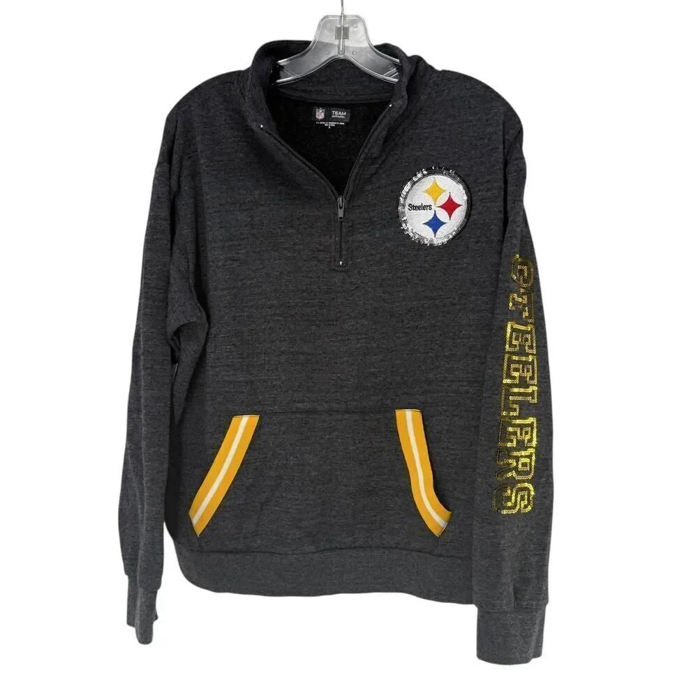 Pittsburg Steelers Quarter Zip Sweatshirt Gray Sequin Womens M NFL Team Apparel